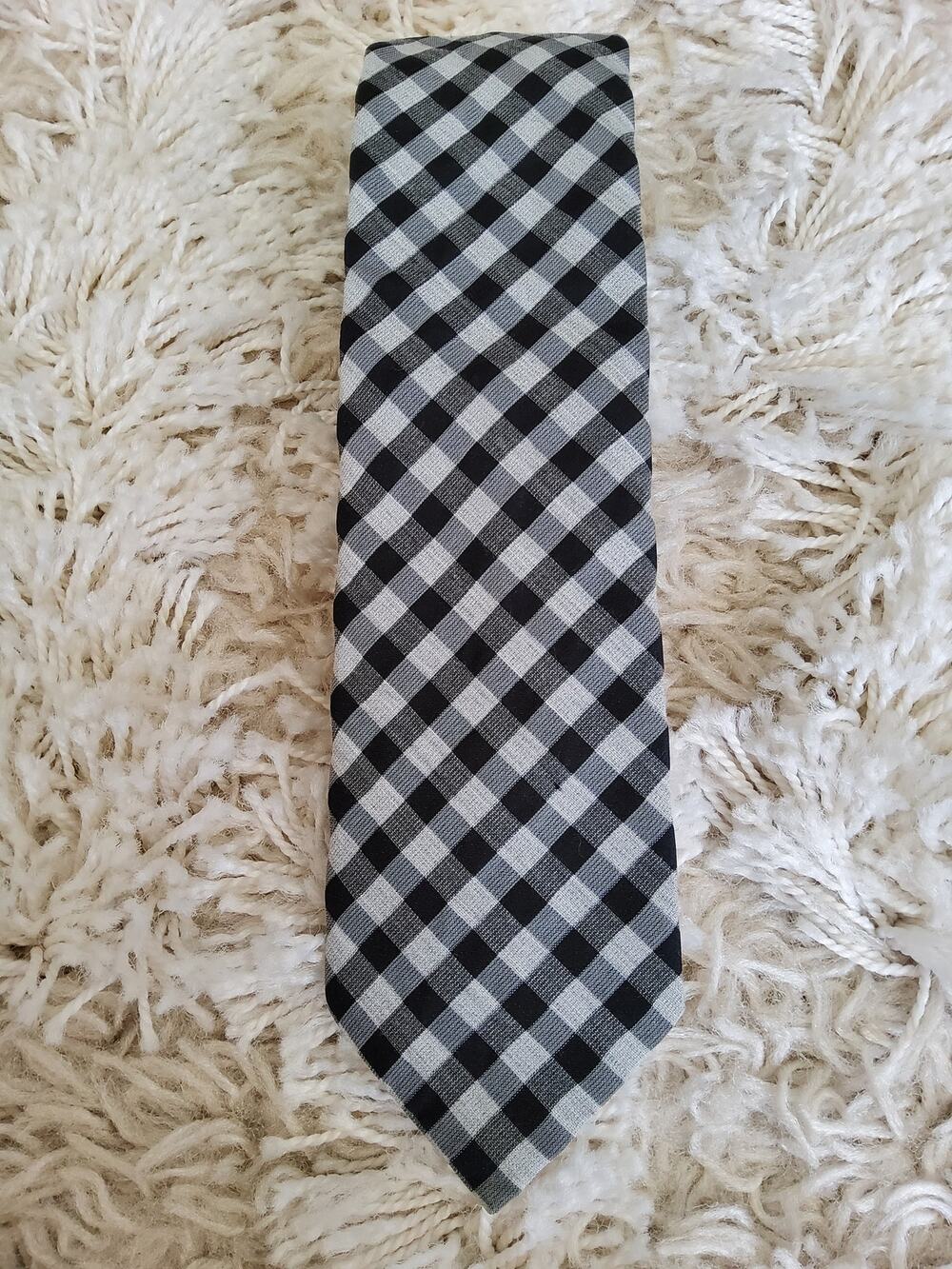 JF J Ferrar Men's Black White Checkered Necktie Slim Skinny Plaid Tie Gingham